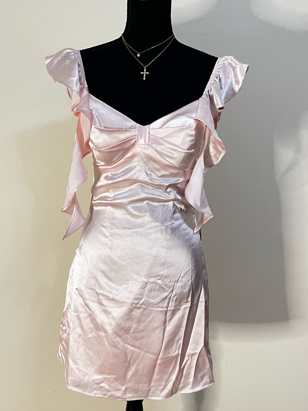 Ruffled Satin Mini Dress in Light Pink